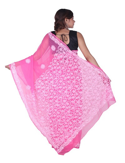 Chhangamal Hand Embroidered Pink Chikankari Faux Georgette Saree
