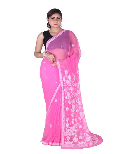 Chhangamal Hand Embroidered Pink Chikankari Faux Georgette Saree