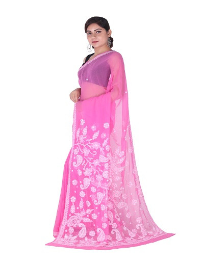 Chhangamal Hand Embroidered Pink Chikankari Faux Georgette Saree