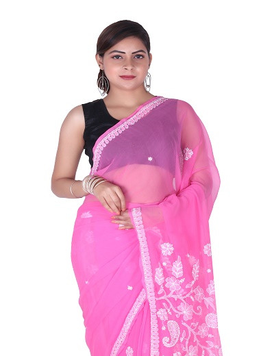 Chhangamal Hand Embroidered Pink Chikankari Faux Georgette Saree