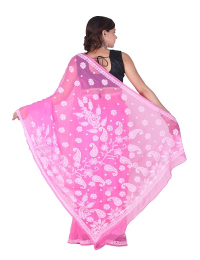Chhangamal Hand Embroidered Pink Chikankari Faux Georgette Saree