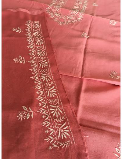 Chhangamal Hand Embroidered Pink Colour  Chanderi Silk  Chikankari Unstitched Men’s kurta Piece