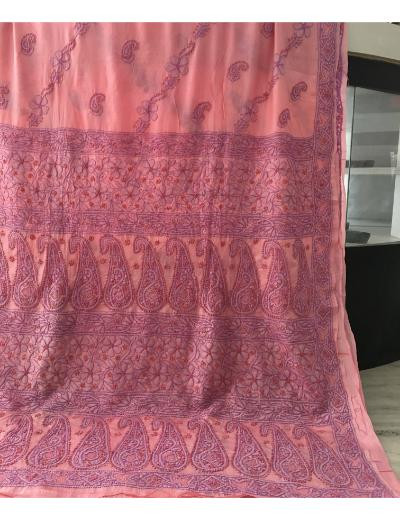 Chhangamal Hand Embroidered Pink Colour  Slik Chikankari Saree