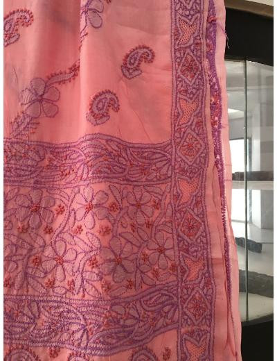 Chhangamal Hand Embroidered Pink Colour  Slik Chikankari Saree
