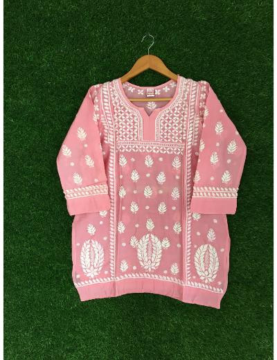 Chhangamal Hand Embroidered Pink Colour Chanderi Mul Chikankari Top