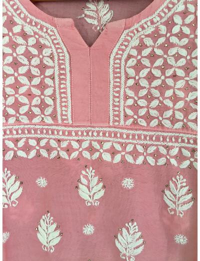 Chhangamal Hand Embroidered Pink Colour Chanderi Mul Chikankari Top