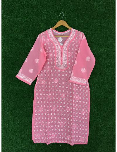 Chhangamal Hand Embroidered Pink Colour Cotton Chikankari Kurti