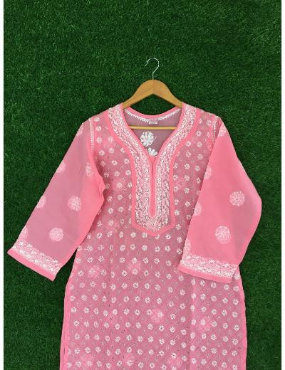 Chhangamal Hand Embroidered Pink Colour Cotton Chikankari Kurti