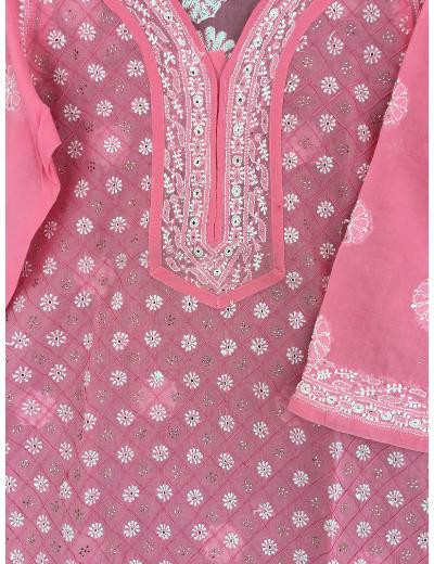 Chhangamal Hand Embroidered Pink Colour Cotton Chikankari Kurti