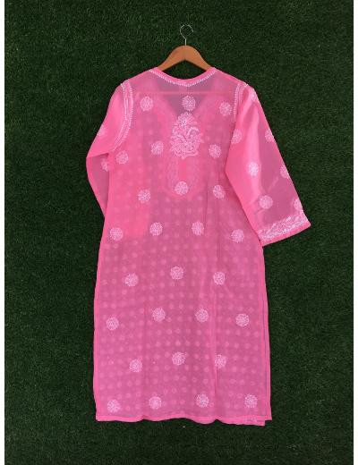Chhangamal Hand Embroidered Pink Colour Cotton Chikankari Kurti