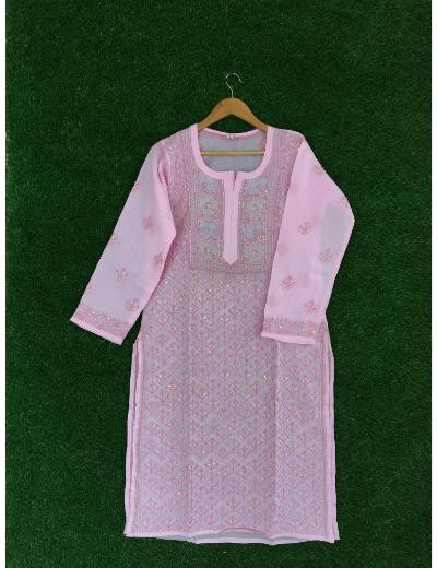 Chhangamal Hand Embroidered Pink Colour Cotton Chikankari Kurti