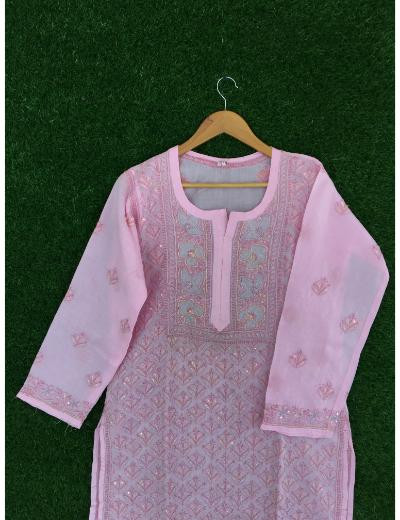 Chhangamal Hand Embroidered Pink Colour Cotton Chikankari Kurti