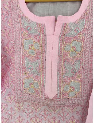 Chhangamal Hand Embroidered Pink Colour Cotton Chikankari Kurti
