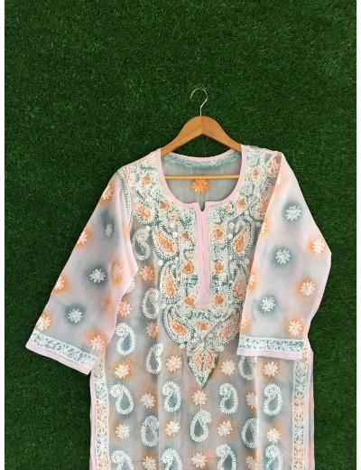 Chhangamal Hand Embroidered Pink Colour Cotton Chikankari kurti