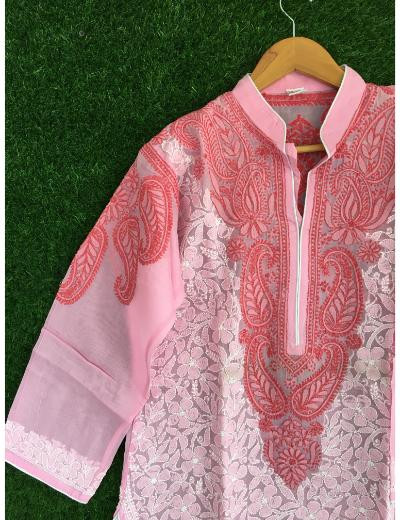Chhangamal Hand Embroidered Pink Colour Cotton Chikankari kurti