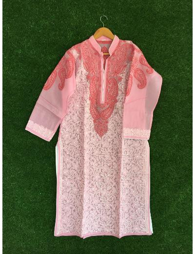 Chhangamal Hand Embroidered Pink Colour Cotton Chikankari kurti