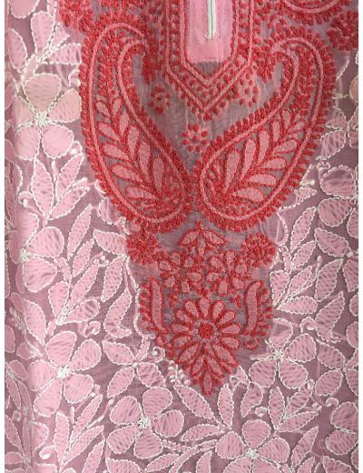 Chhangamal Hand Embroidered Pink Colour Cotton Chikankari kurti