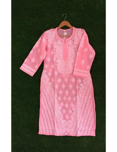 Chhangamal Hand Embroidered Pink Colour Cotton Chikankari Kurti
