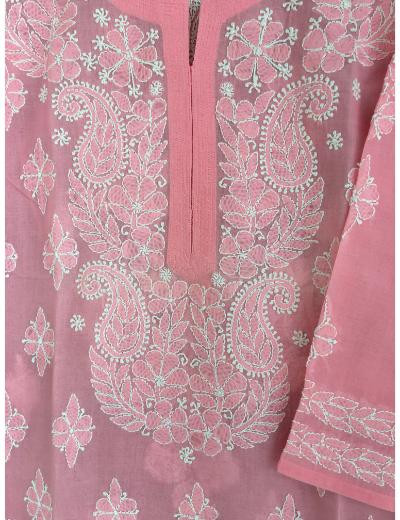 Chhangamal Hand Embroidered Pink Colour Cotton Chikankari Kurti