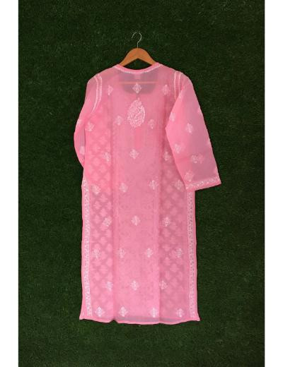 Chhangamal Hand Embroidered Pink Colour Cotton Chikankari Kurti