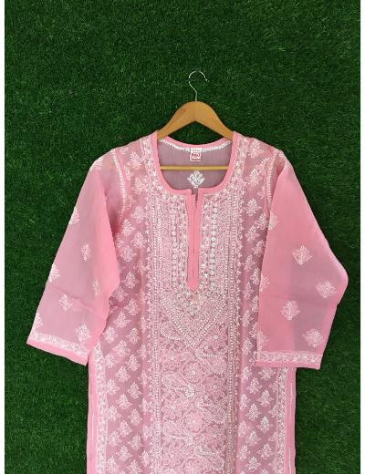Chhangamal Hand Embroidered Pink Colour Cotton Chikankari Kurti