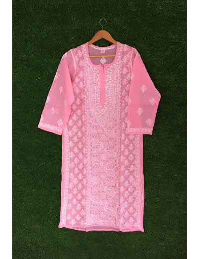 Chhangamal Hand Embroidered Pink Colour Cotton Chikankari Kurti
