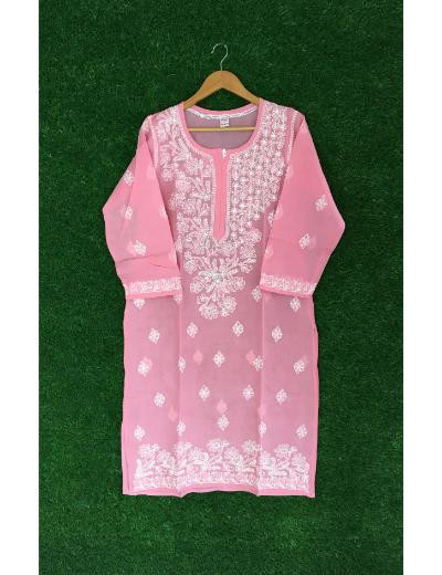 Chhangamal Hand Embroidered Pink Colour Cotton Chikankari Kurti