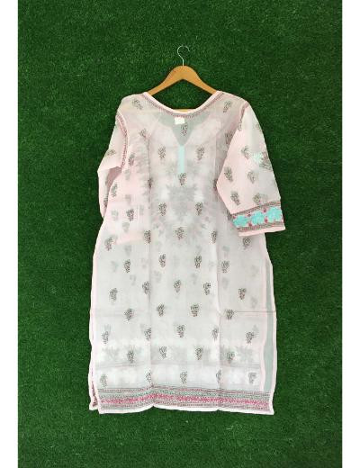Chhangamal Hand Embroidered Pink Colour Cotton Chikankari Kurti