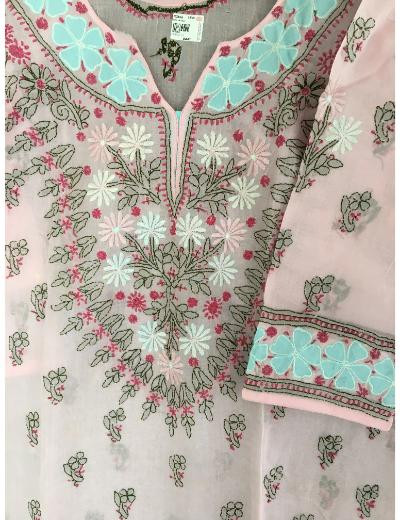 Chhangamal Hand Embroidered Pink Colour Cotton Chikankari Kurti