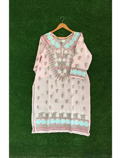 Chhangamal Hand Embroidered Pink Colour Cotton Chikankari Kurti