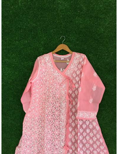 Chhangamal Hand Embroidered Pink Colour Cotton Chikankari Kurti Piece