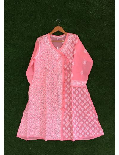 Chhangamal Hand Embroidered Pink Colour Cotton Chikankari Kurti Piece