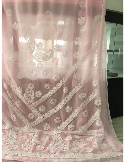 Chhangamal Hand Embroidered Pink Colour Georgette  Chikankari Saree Piece