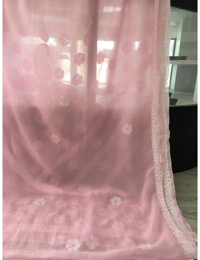 Chhangamal Hand Embroidered Pink Colour Georgette  Chikankari Saree Piece