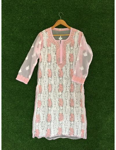 Chhangamal Hand Embroidered Pink Colour Georgette Chikankari kurti