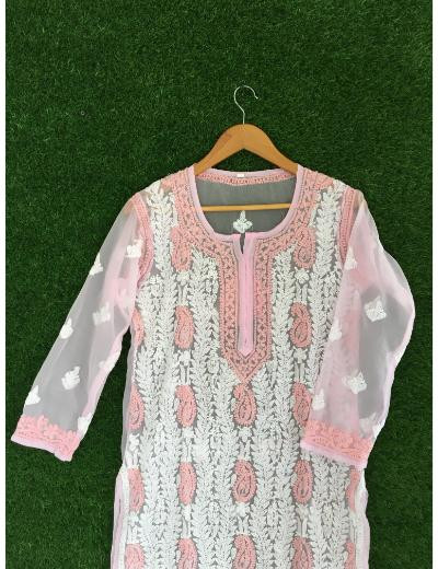 Chhangamal Hand Embroidered Pink Colour Georgette Chikankari kurti