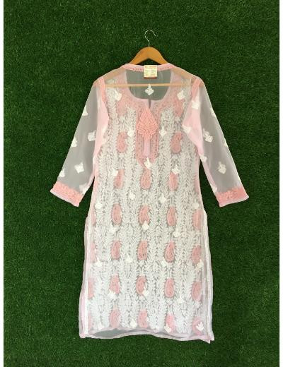 Chhangamal Hand Embroidered Pink Colour Georgette Chikankari kurti