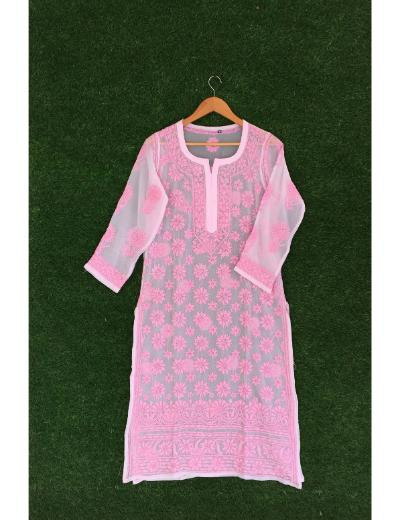 Chhangamal Hand Embroidered Pink Colour Georgette Chikankari Kurti Piece