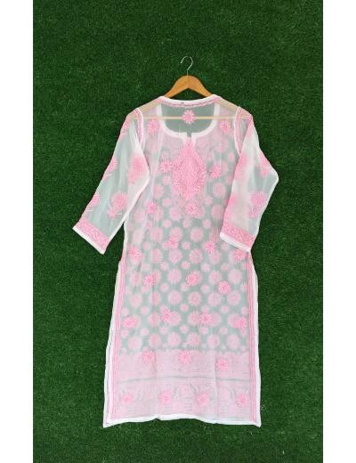 Chhangamal Hand Embroidered Pink Colour Georgette Chikankari Kurti Piece