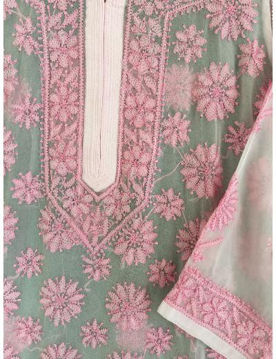 Chhangamal Hand Embroidered Pink Colour Georgette Chikankari Kurti Piece