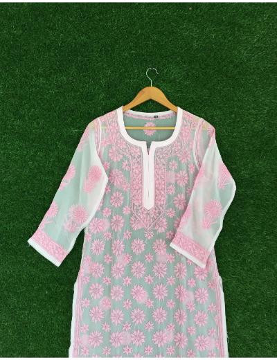 Chhangamal Hand Embroidered Pink Colour Georgette Chikankari Kurti Piece