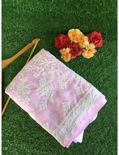 Chhangamal Hand Embroidered Pink Colour Georgette Chikankari Saree