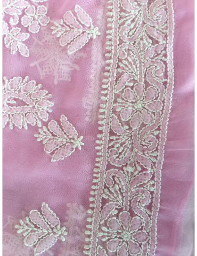 Chhangamal Hand Embroidered Pink Colour Georgette Chikankari Saree