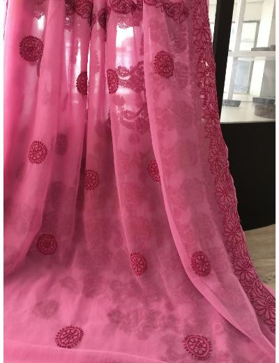 Chhangamal Hand Embroidered Pink Colour Georgette Chikankari Saree