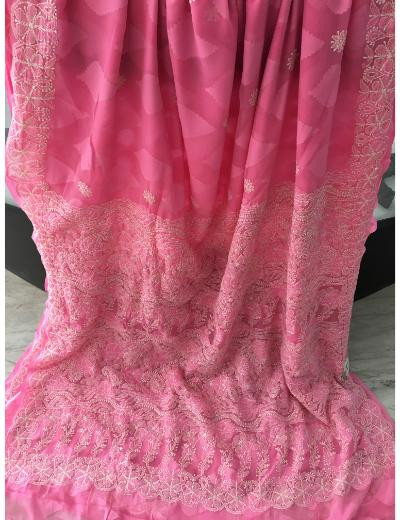 Chhangamal Hand Embroidered Pink Colour Georgette Chikankari Saree