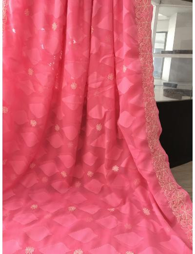 Chhangamal Hand Embroidered Pink Colour Georgette Chikankari Saree