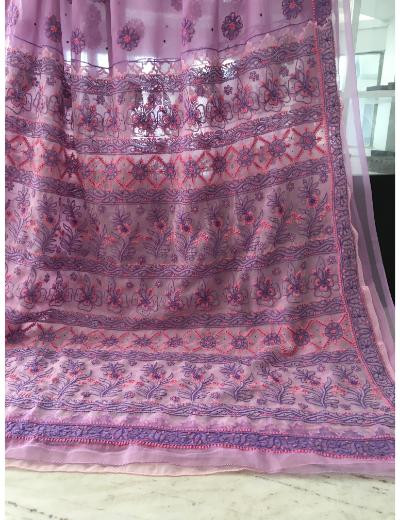 Chhangamal Hand Embroidered Pink Colour Georgette Chikankari Saree