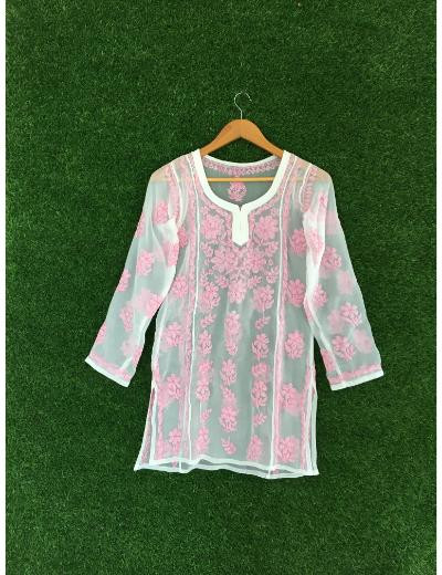 Chhangamal Hand Embroidered Pink Colour Georgette Chikankari Top