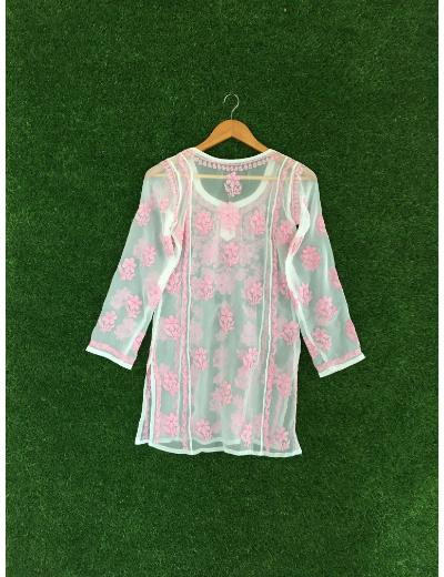 Chhangamal Hand Embroidered Pink Colour Georgette Chikankari Top