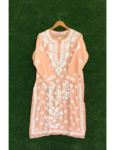 Chhangamal Hand Embroidered Pink Colour Modal Chikankari kurti